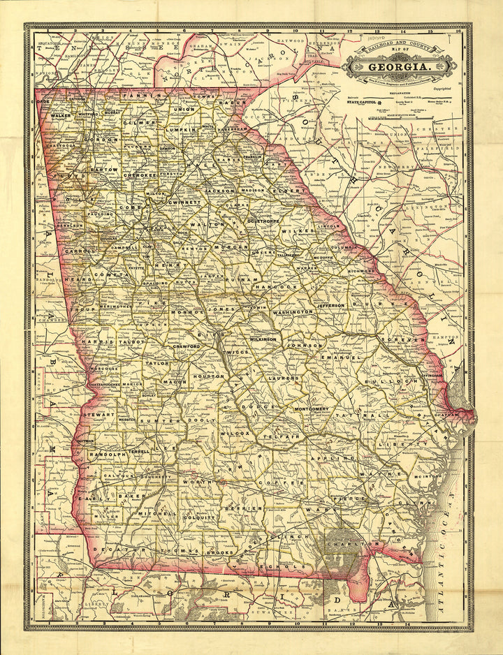 Railroad and county map of Georgia.