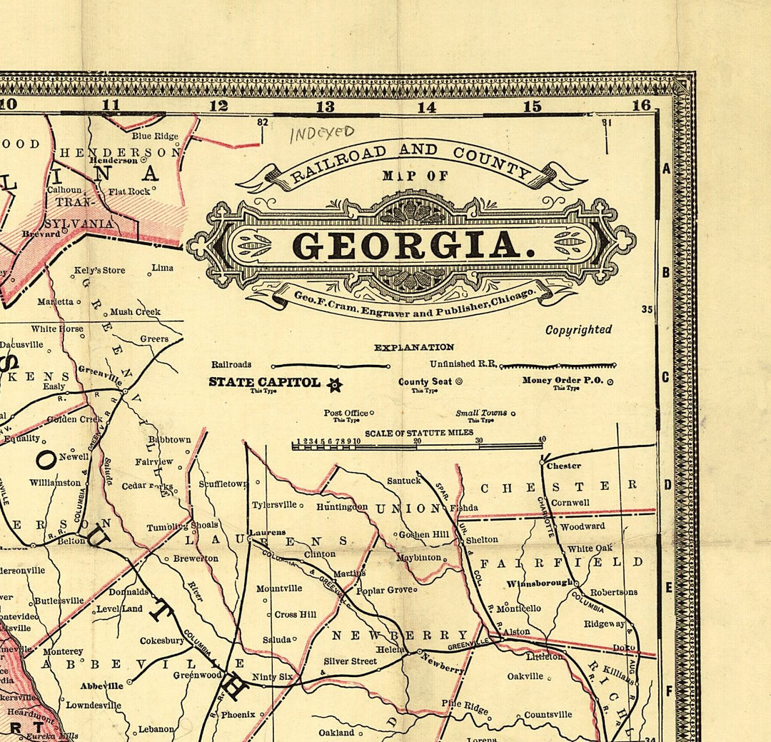 Railroad and county map of Georgia.