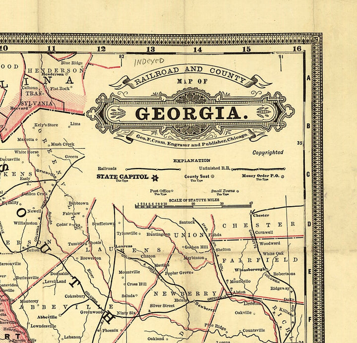 Railroad and county map of Georgia.