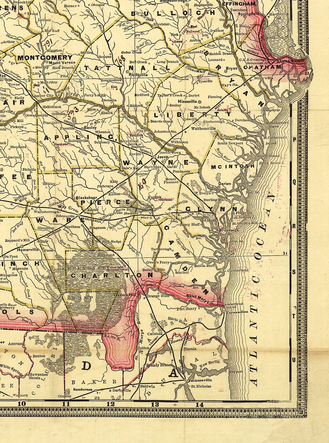 Railroad and county map of Georgia.