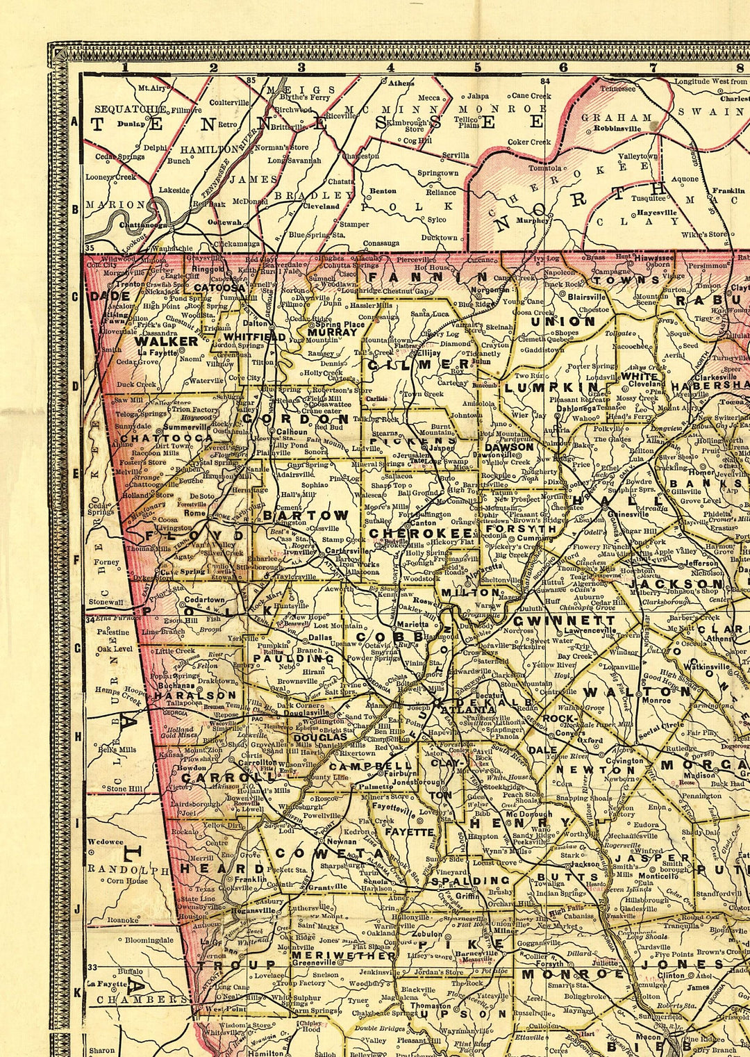 Railroad and county map of Georgia.