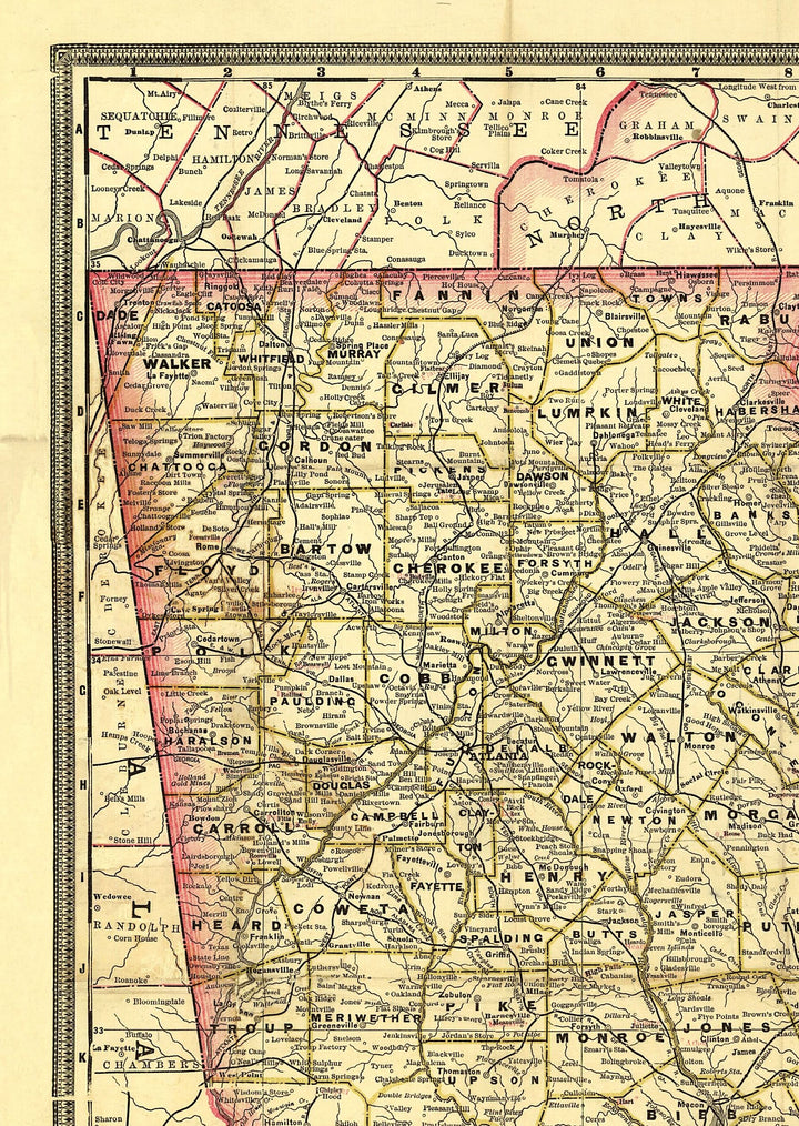 Railroad and county map of Georgia.