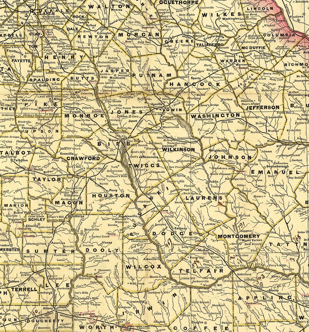 Railroad and county map of Georgia.