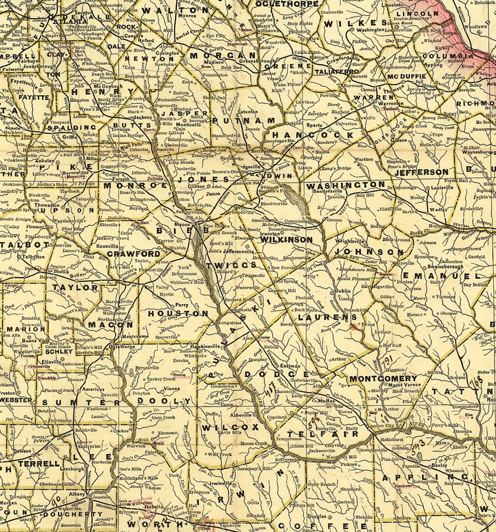 Railroad and county map of Georgia.