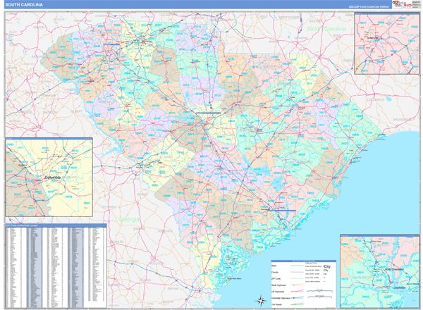 Color Cast Style Wall Map of South Carolina by Market Maps
