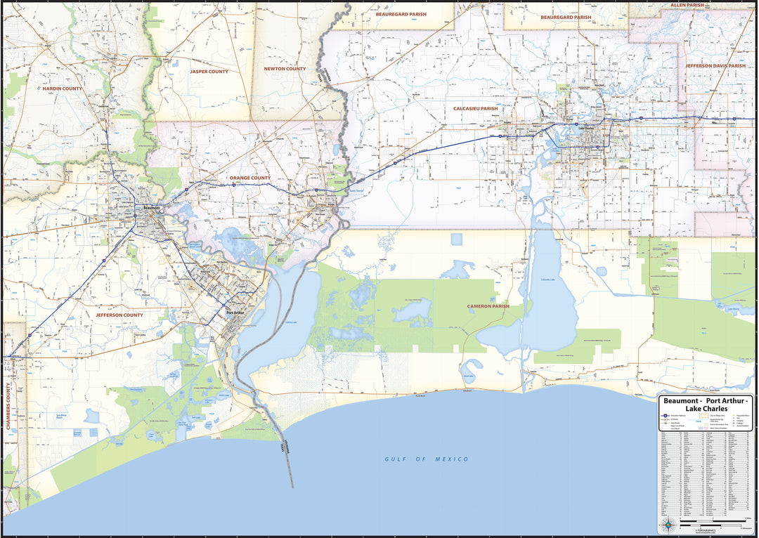 Beaumont, Port Arthur and Lake Charles Area Wall Map