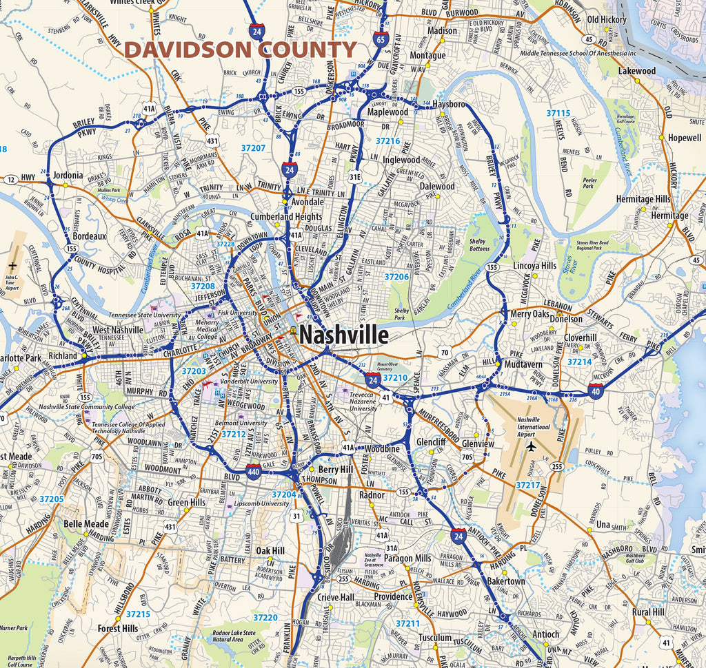 Nashville Metro Area Wall Map – American Map Store, image size:1024x970