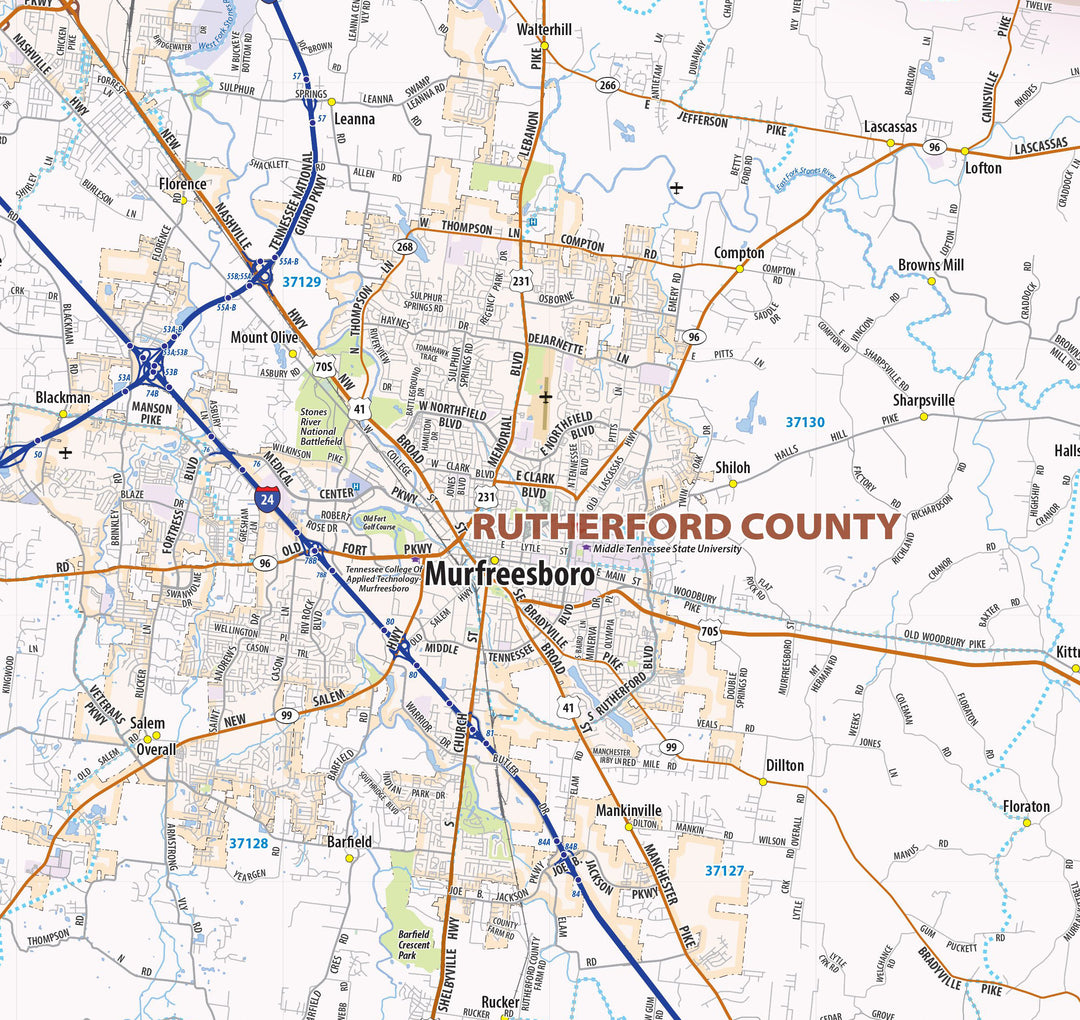 Nashville Metro Area Wall Map – American Map Store, image size:1080x1020