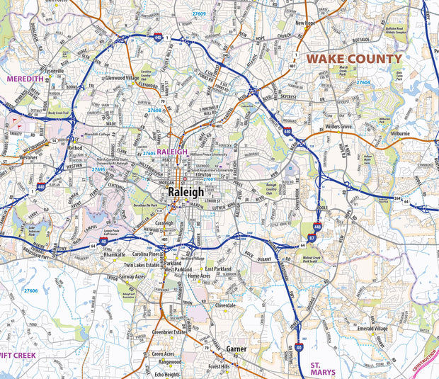 Raleigh, Durham, Chapel Hill Wall Map 1