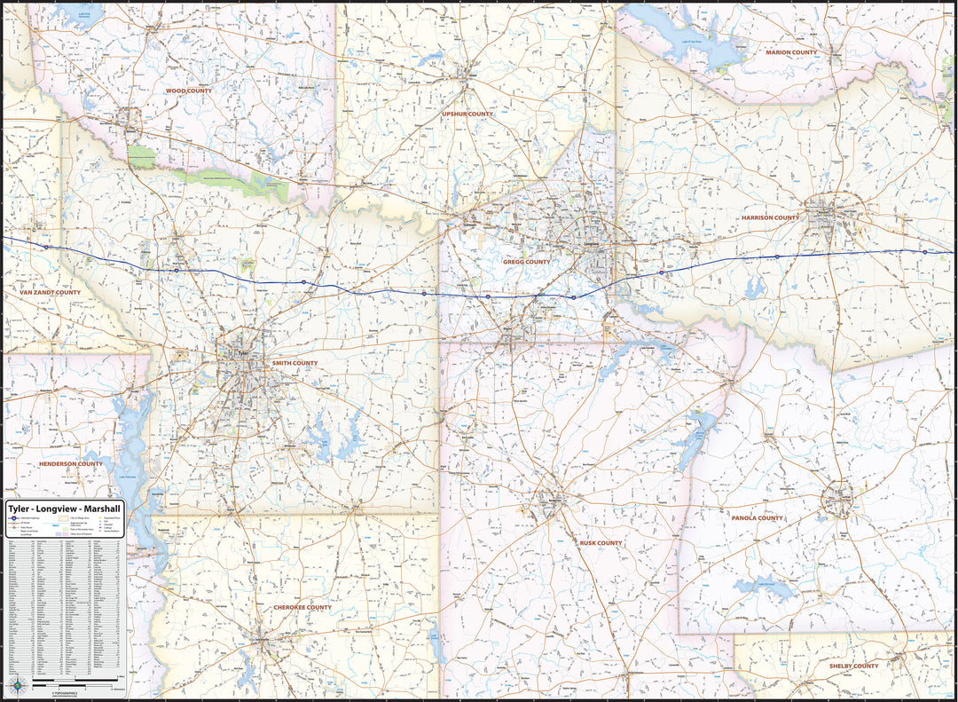 Tyler, Longview &amp; Marshall Tx. Wall Map