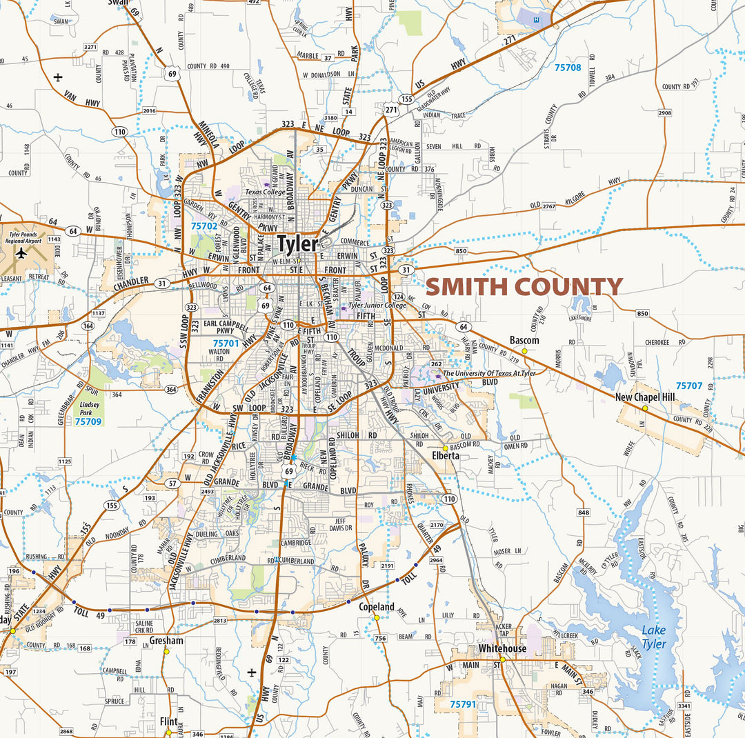 Tyler, Longview &amp; Marshall Tx. Wall Map