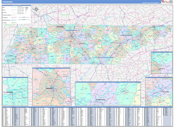 Color Cast Style Wall Map of Tennessee by Market Maps