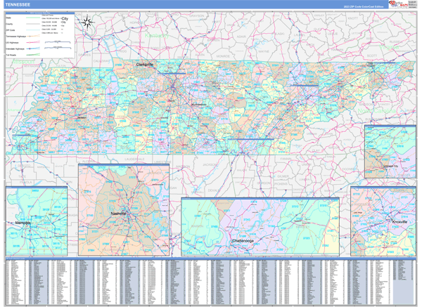 Color Cast Style Wall Map of Tennessee by Market Maps
