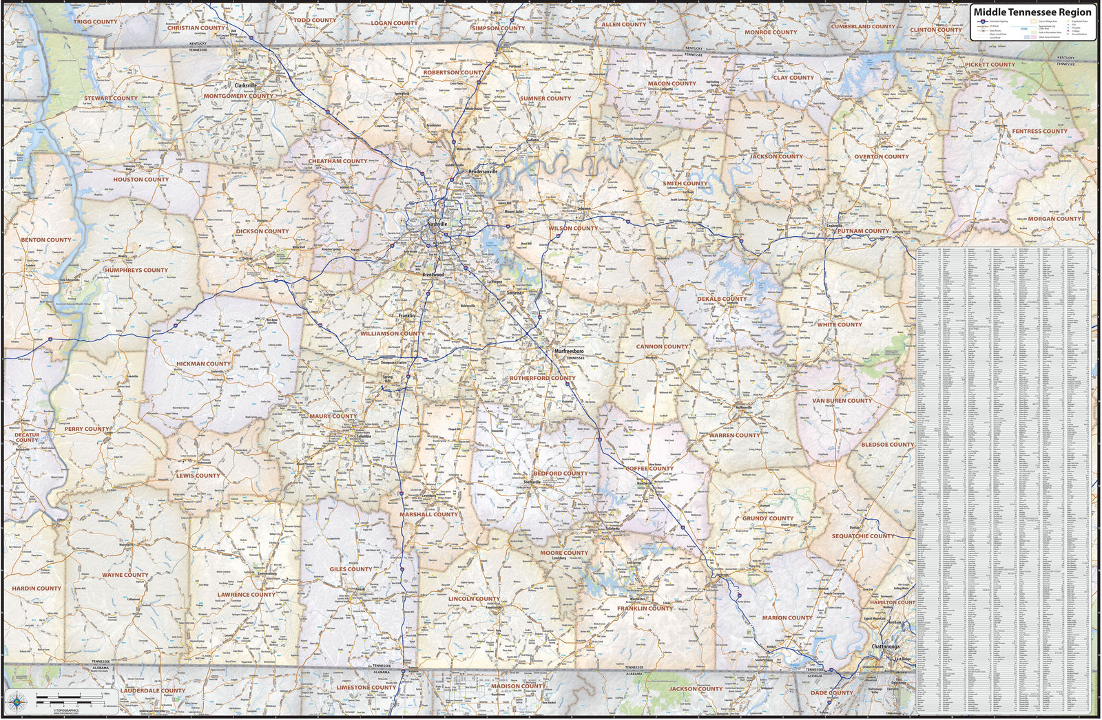 Middle Tennessee Regional Area Wall Map