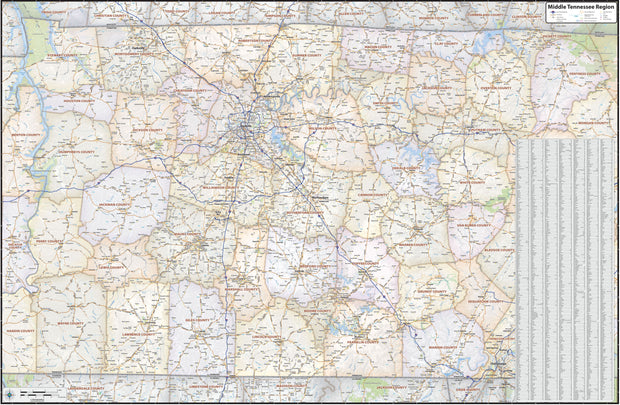 Middle Tennessee Regional Area Wall Map