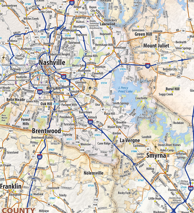 Middle Tennessee Regional Area Wall Map