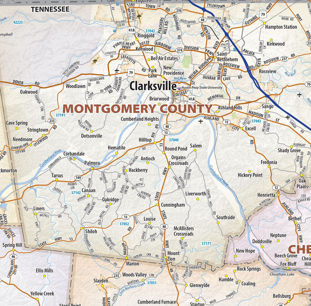 Middle Tennessee Regional Area Wall Map