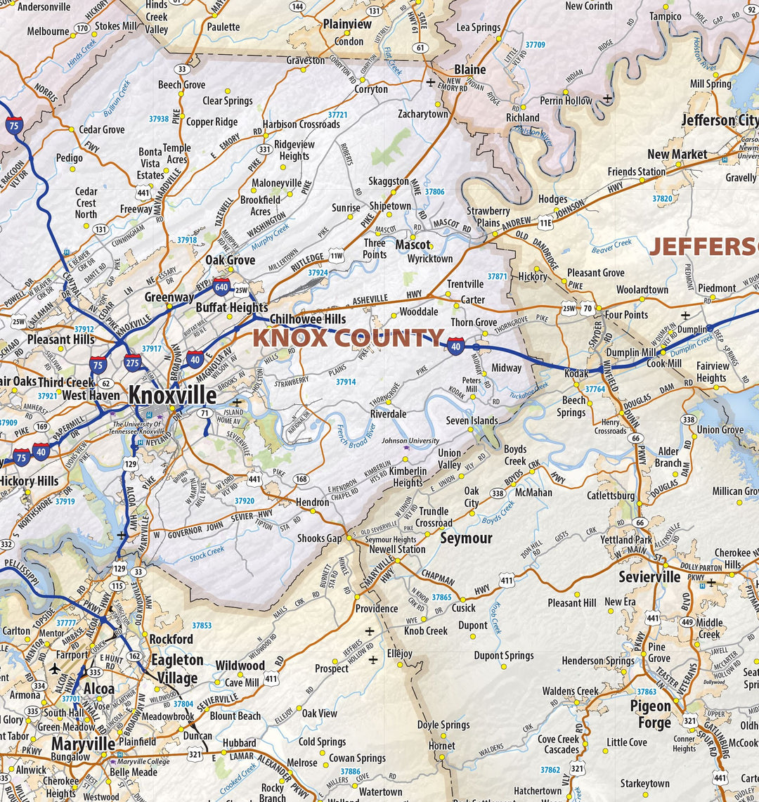 East Tennessee Regional Area Wall Map