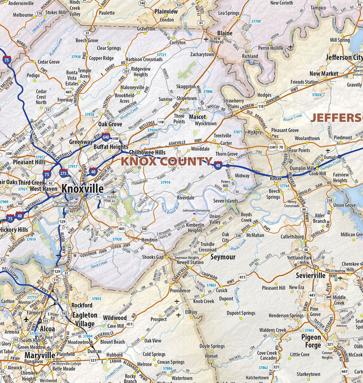 East Tennessee Regional Area Wall Map