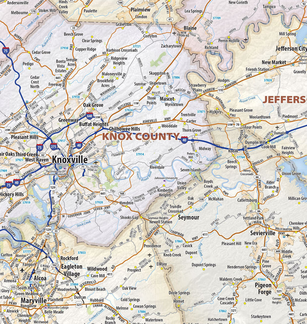 East Tennessee Regional Area Wall Map