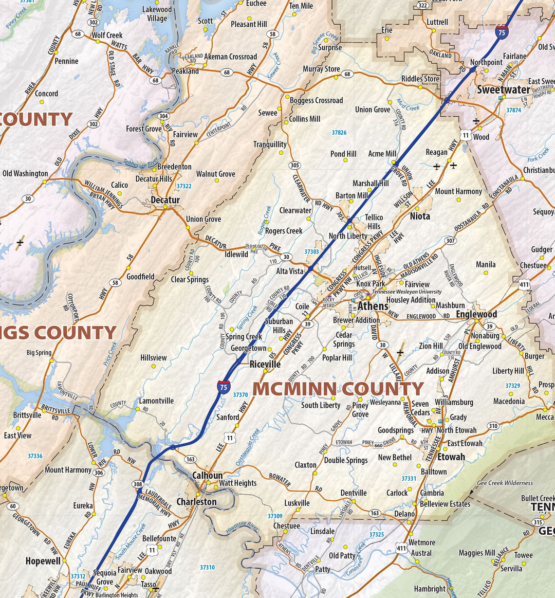 East Tennessee Regional Area Wall Map