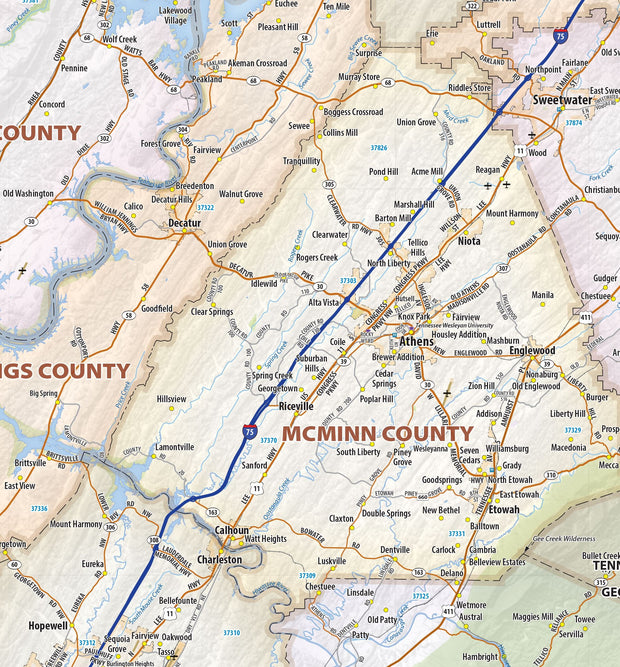 East Tennessee Regional Area Wall Map