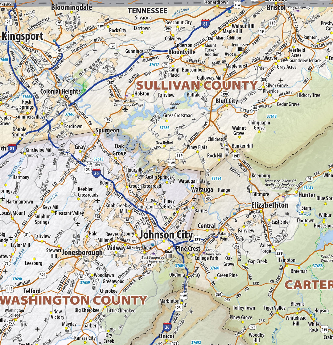 East Tennessee Regional Area Wall Map