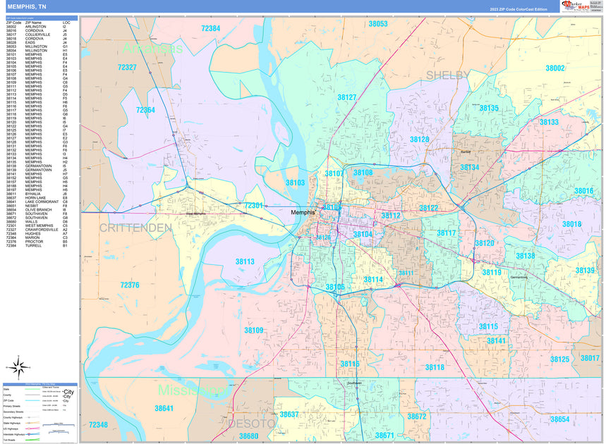 Colorcast Zip Code Style Wall Map of Memphis, TN by Market Maps ...