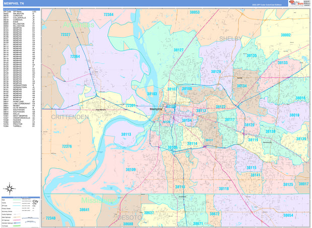 Colorcast Zip Code Style Wall Map of Memphis, TN by Market Maps