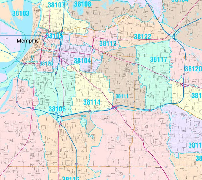 Colorcast Zip Code Style Wall Map of Memphis, TN by Market Maps ...