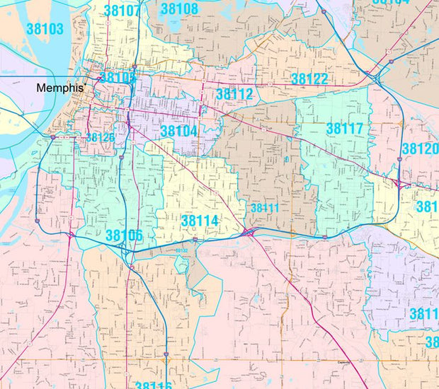 Colorcast Zip Code Style Wall Map of Memphis, TN by Market Maps