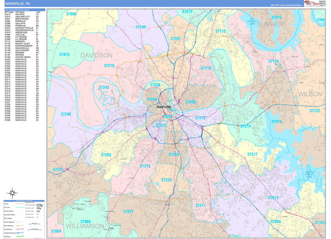 Colorcast Zip Code Style Wall Map of Nashville TN