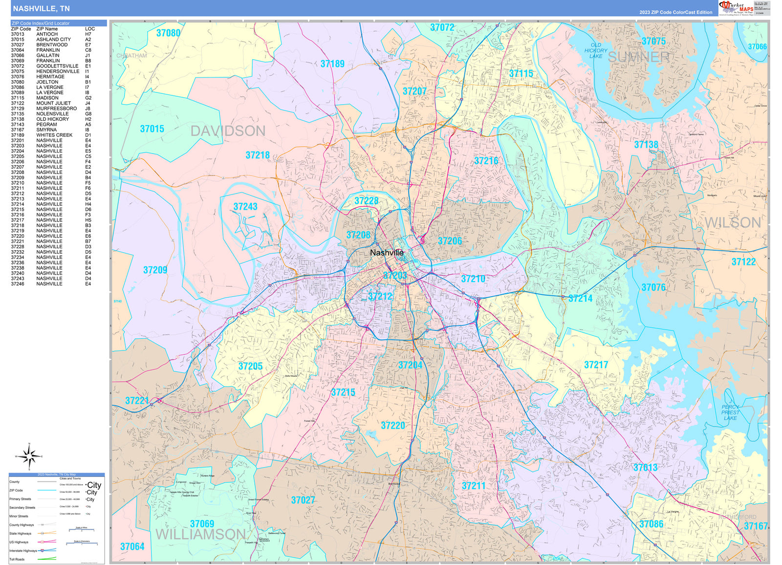 Colorcast Zip Code Style Wall Map of Nashville TN