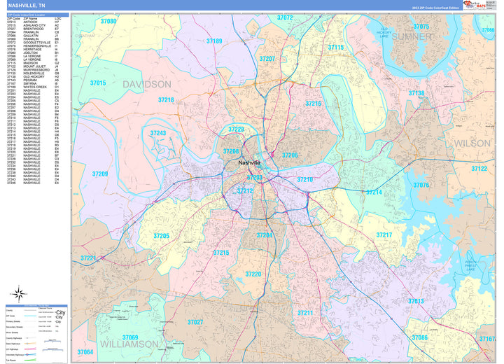 Colorcast Zip Code Style Wall Map of Nashville TN