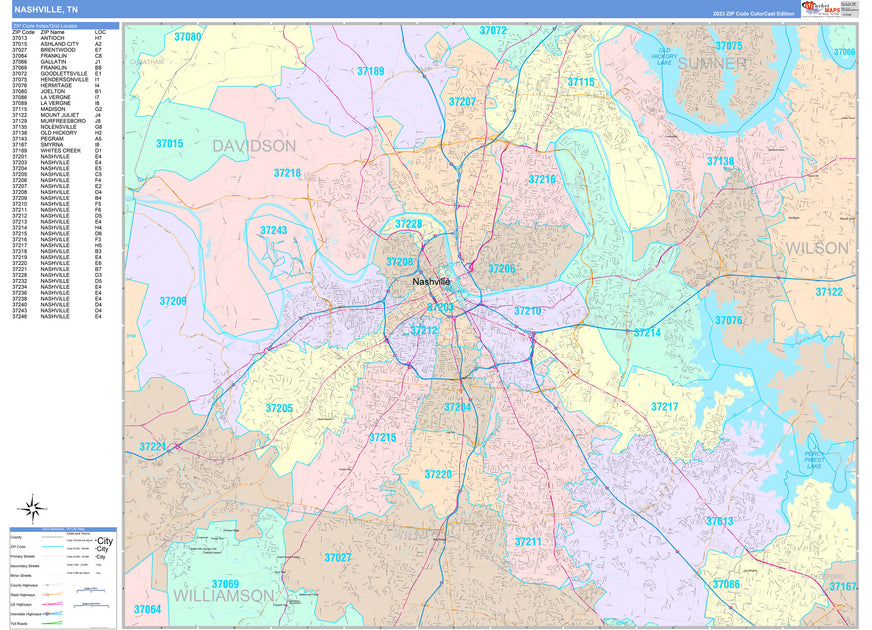 Colorcast Zip Code Style Wall Map of Nashville, TN by Market Maps ...