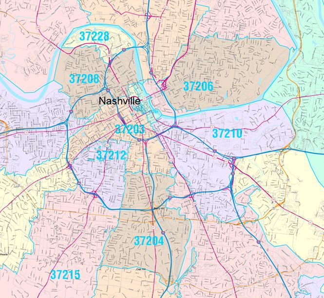 Colorcast Zip Code Style Wall Map of Nashville TN