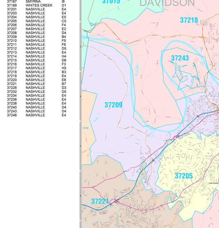 Colorcast Zip Code Style Wall Map of Nashville TN