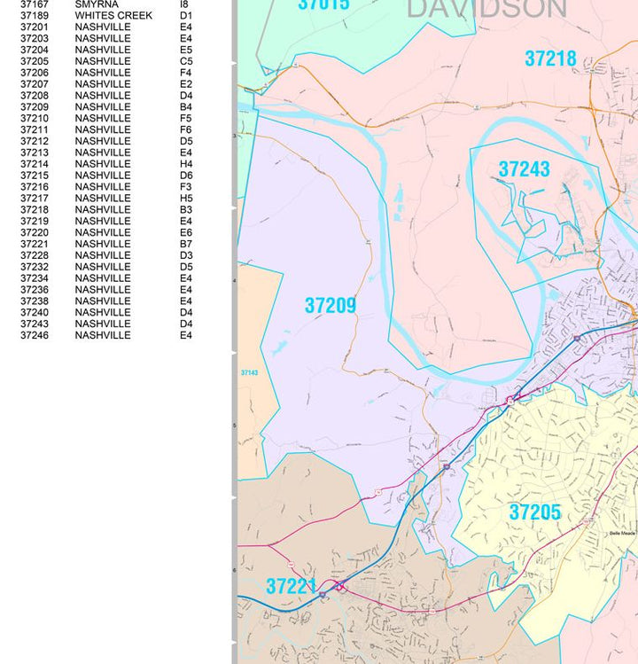 Colorcast Zip Code Style Wall Map of Nashville TN