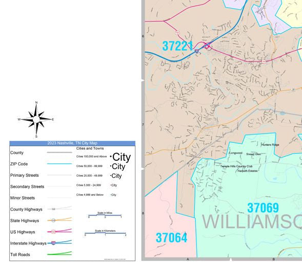 Colorcast Zip Code Style Wall Map of Nashville TN