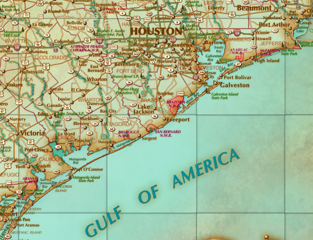 Texas "Antiqued" Wall Map, Gulf of America Edition