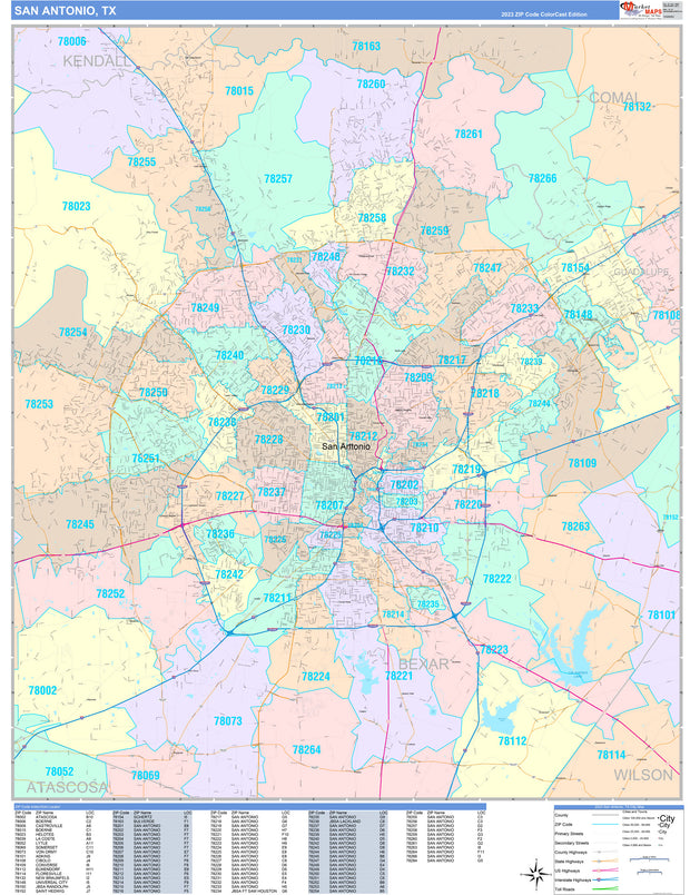 Colorcast Style Zip Code Map of San Antonio by Market Maps