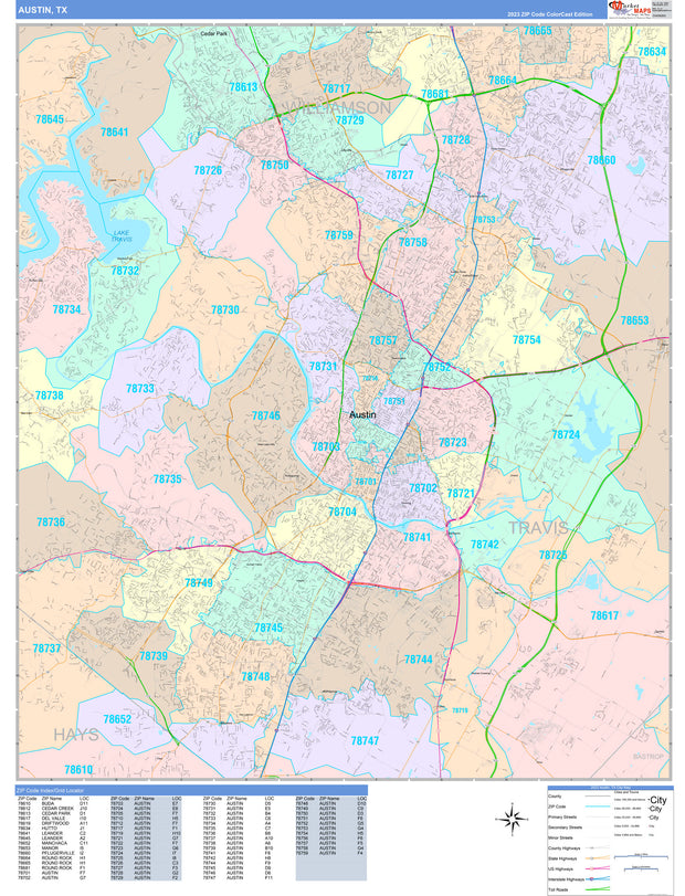 Colorcast Zip Code Style Wall Map of Austin by Market Maps