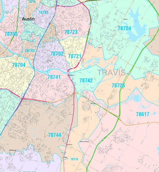 Colorcast Zip Code Style Wall Map of Austin by Market Maps