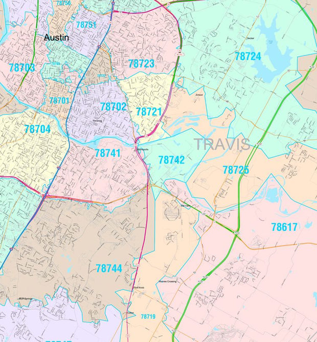 Colorcast Zip Code Style Wall Map of Austin by Market Maps