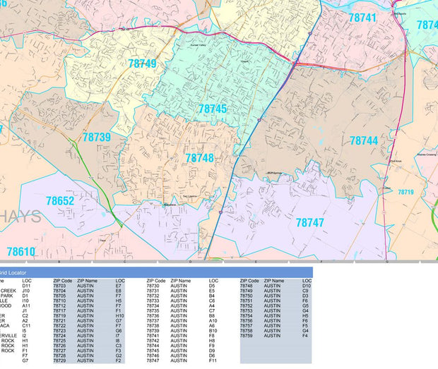 Colorcast Zip Code Style Wall Map of Austin by Market Maps