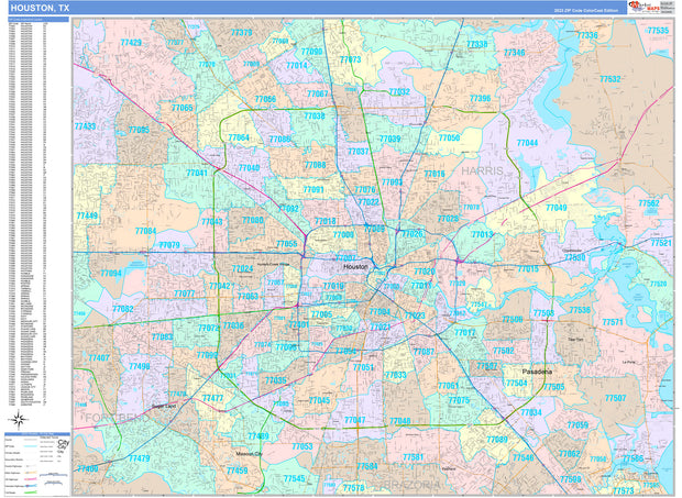 Colorcast Zip Code Style Wall Map of Houston by Market Maps