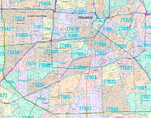 Colorcast Zip Code Style Wall Map of Houston by Market Maps