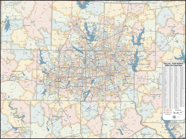 DFW Greater Metro Area Zip Code Wall Map