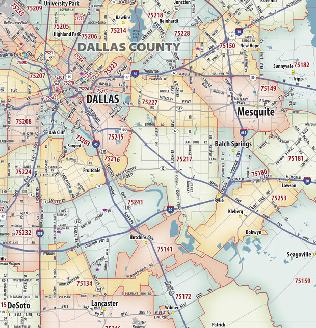 DFW Greater Metro Area Zip Code Wall Map