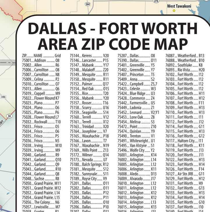 DFW Greater Metro Area Zip Code Wall Map